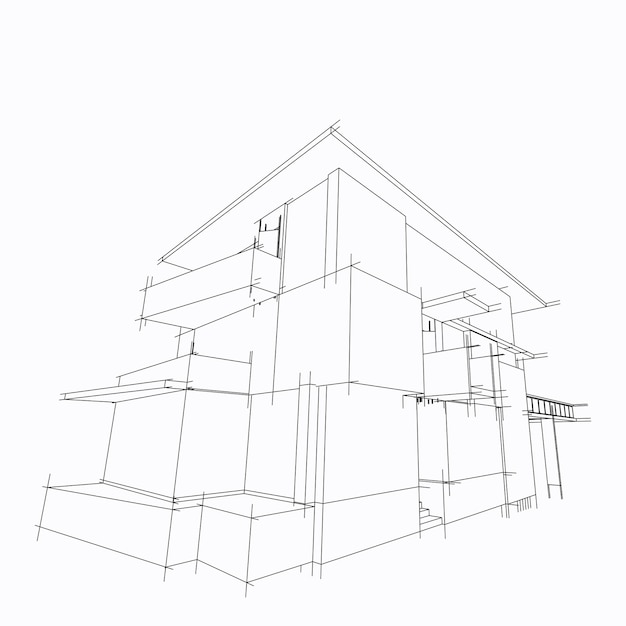 Illustration 3d architecturale de croquis de bâtiment, lignes de perspective de bâtiment d'architecture