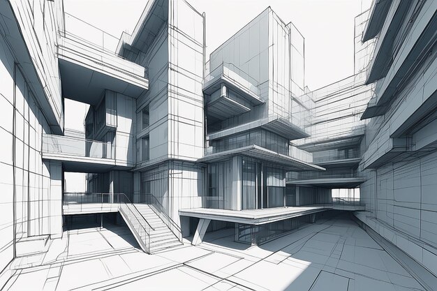 Illustration 3D de l'architecture du bâtiment, de la construction, de la conception en perspective, de l'abstrait, du dessin de ligne du bâtiment urbain moderne