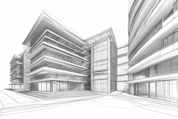 Illustration 3D de l'architecture du bâtiment, de la construction, de la conception en perspective, de l'abstrait, du dessin de ligne du bâtiment urbain moderne