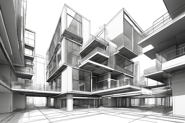 Illustration 3D de l'architecture du bâtiment, de la perspective de la construction du bâtiment, du design, du dessin de ligne du bâtiment urbain moderne.