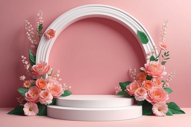 Illustration 3D de l'arrière-plan de l'affichage des produits de la fête de la femme avec une décoration florale et un podium