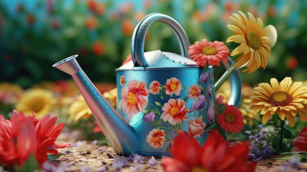 Illustration 3D d'un arrosoir avec des fleurs