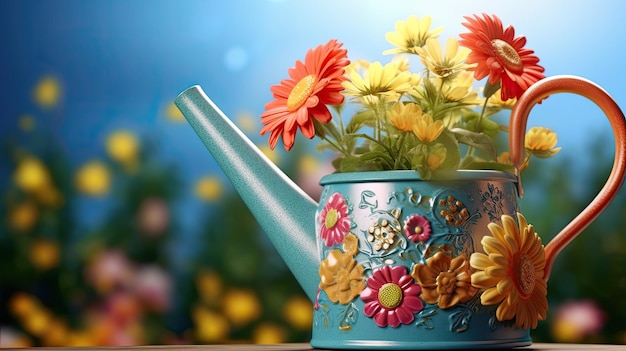 Illustration 3D d'un arrosoir avec des fleurs