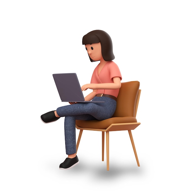Illustration 3D assis sur une chaise et travaillant sur son ordinateur portable avec un fond blanc
