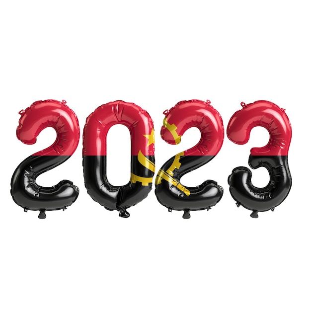 Illustration 3d de ballons de l'année 2023 avec le drapeau de l'Angola isolé sur fond blanc
