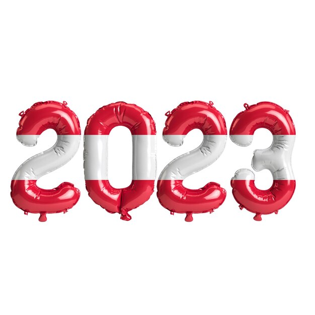 Illustration 3d de ballons de l'année 2023 avec le drapeau de l'Autriche isolé sur fond blanc