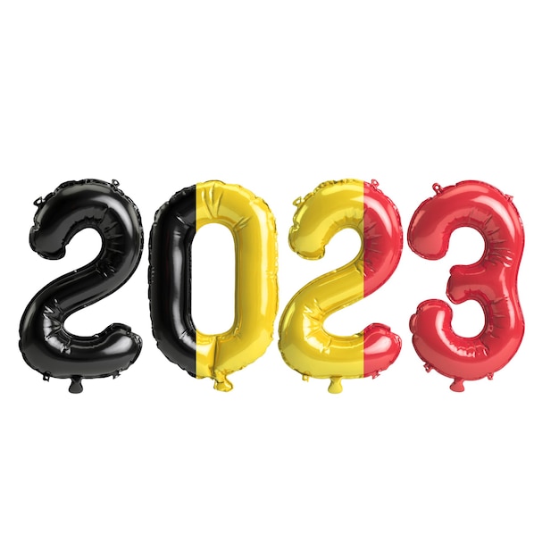 Illustration 3d de ballons de l'année 2023 avec le drapeau belge isolé sur fond blanc