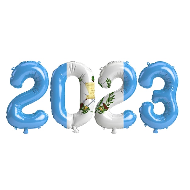 Illustration 3d de ballons de l'année 2023 avec le drapeau du Guatemala isolé sur fond blanc