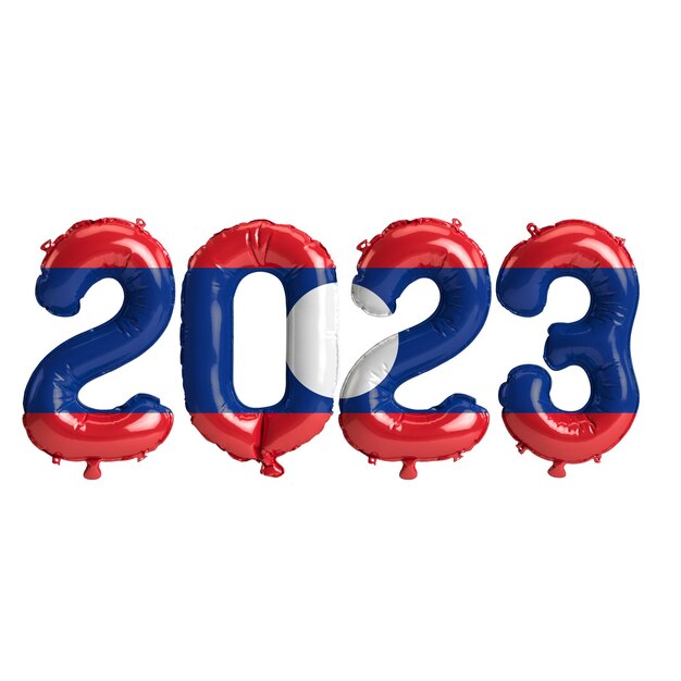 Illustration 3d de ballons de l'année 2023 avec le drapeau du Laos isolé sur fond blanc