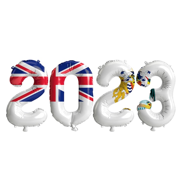 Illustration 3d de ballons de l'année 2023 avec le drapeau du territoire antarctique britannique isolé sur blanc