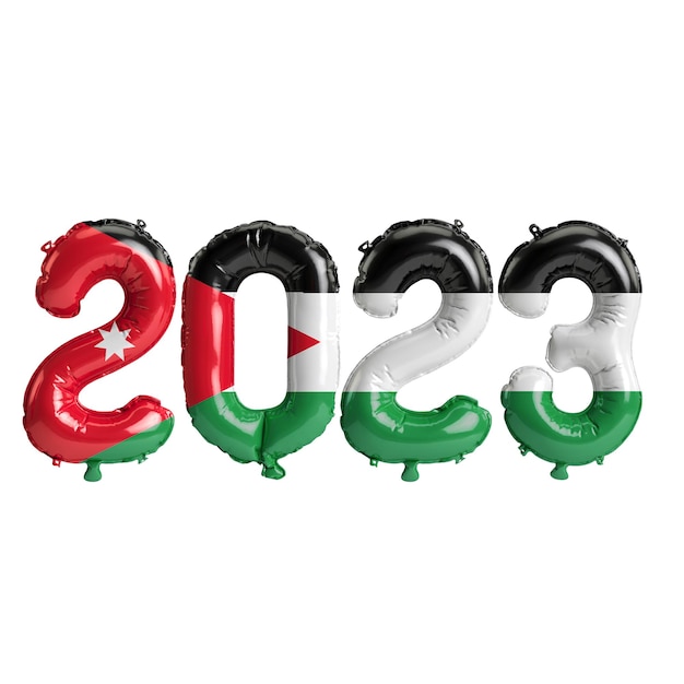 Illustration 3d de ballons de l'année 2023 avec le drapeau de la Jordanie isolé sur fond blanc