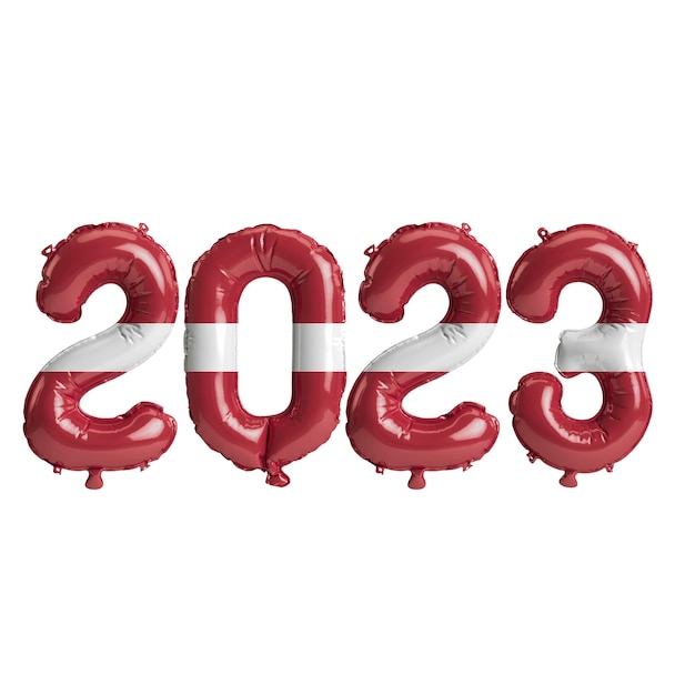 Illustration 3d de ballons de l'année 2023 avec le drapeau de la Lettonie isolé sur fond blanc