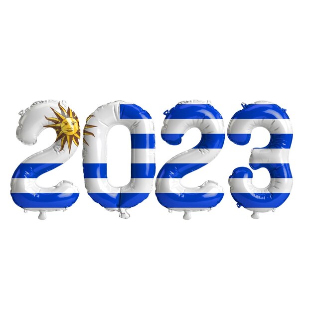 Photo illustration 3d de ballons de l'année 2023 avec le drapeau de l'uruguay isolé sur fond blanc