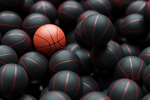 Illustration 3d de ballons de basket-ball un ballon de basket orange se trouve parmi les boules noires