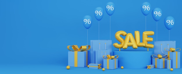 Illustration 3D de la bannière bleue de promotion avec des ballons dorés et ballon de pourcentage avec fond bleu