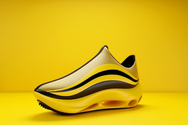 Illustration 3d de baskets jaune-noir avec semelles en mousse et fermeture sous couleur néon sur fond jaune Vue latérale des baskets Baskets à la mode