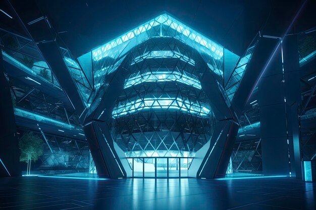 Illustration 3d de bâtiments futuristes avec éclairage bleu ai générative