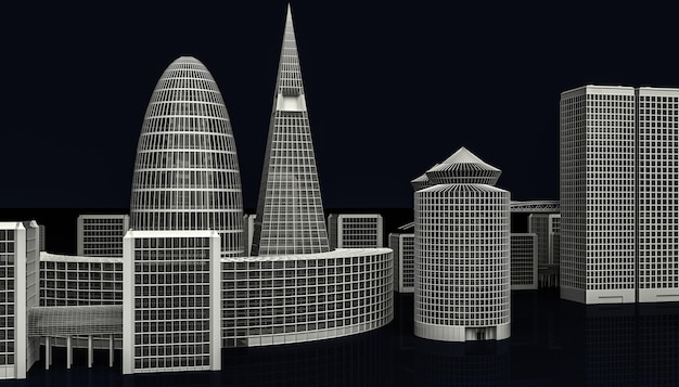 Illustration 3D des bâtiments de la ville moderne sur dark