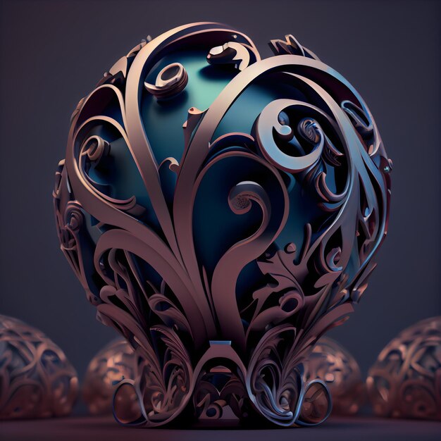 Illustration 3D d'un beau coeur ornemental sur fond sombre