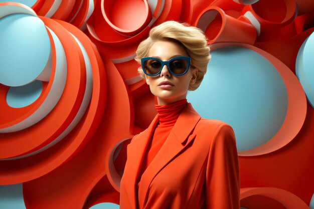 Illustration 3D d'une belle femme blonde avec une veste rouge et des lunettes de soleil