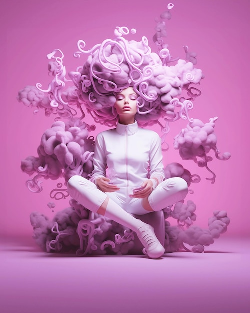 Photo illustration 3d d'une belle fille aux cheveux roses et au maquillage créatif dans des couleurs pastel