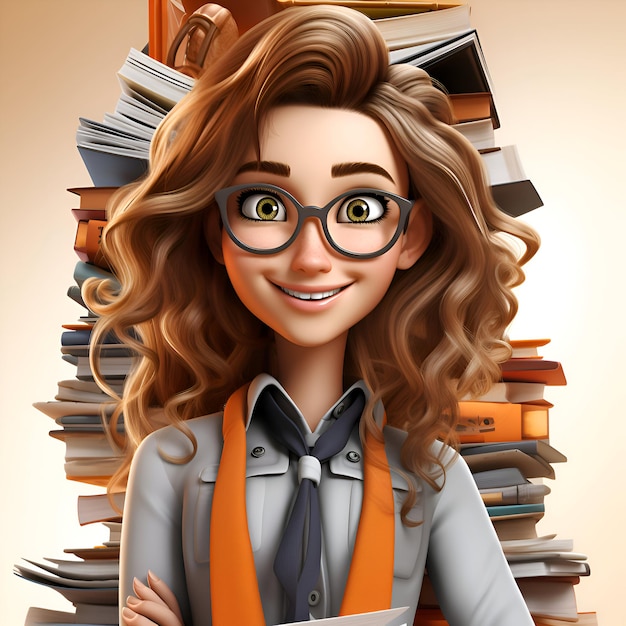 Illustration 3D d'une belle jeune femme avec des lunettes et des livres