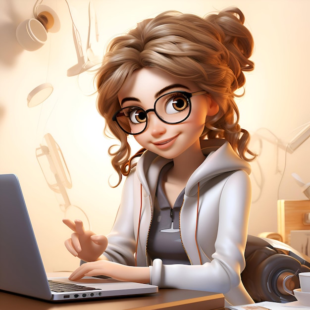 Illustration 3D d'une belle jeune fille avec des lunettes travaillant sur un ordinateur portable