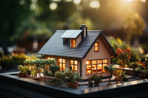 Illustration 3D d'une belle maison moderne avec panneau solaire photovoltaïque et jardin IA générative