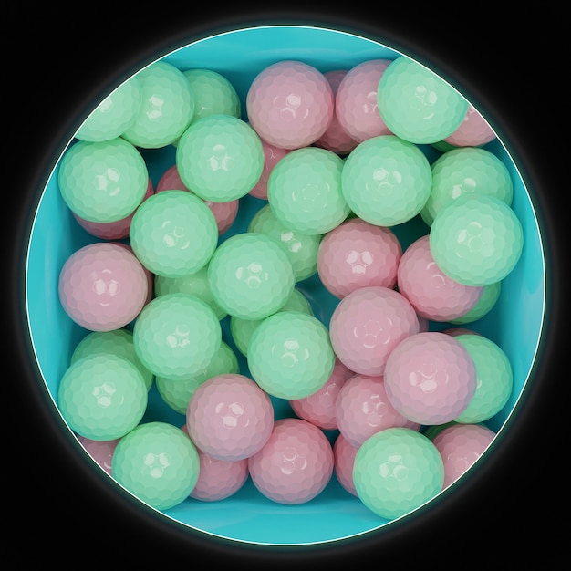 Illustration 3D d'une boîte bleue avec beaucoup de boules roses et vertes, vue de dessus. De nombreuses boules polyédriques