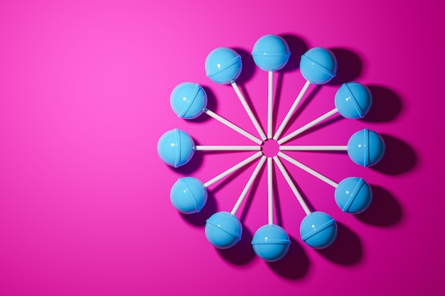 Illustration 3D avec des bonbons bleus sur fond rose.