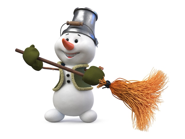 illustration 3d Un bonhomme de neige joyeux avec un balai et un seau sur la tête célèbre le nouvel an