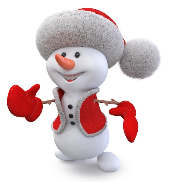 Illustration 3d Un bonhomme de neige joyeux dans un chapeau de père Noël pour s'amuser pendant les vacances d'hiver