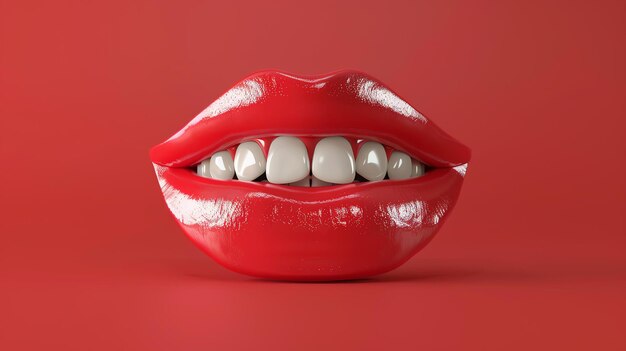 Illustration 3D d'une bouche souriante brillante rouge avec des dents blanches sur un fond rouge