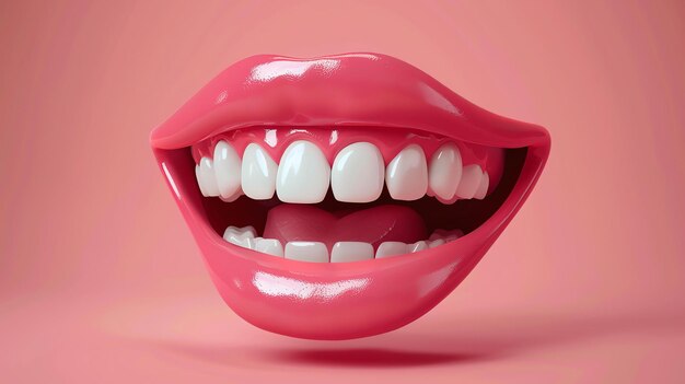 Photo illustration 3d d'une bouche souriante avec des lèvres roses et des dents blanches la bouche est ouverte et la langue est visible le fond est de couleur rose pâle