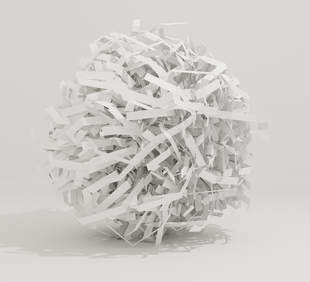 illustration 3d de boule de bandes de papier blanc interpénétrées sur fond blanc et surfa