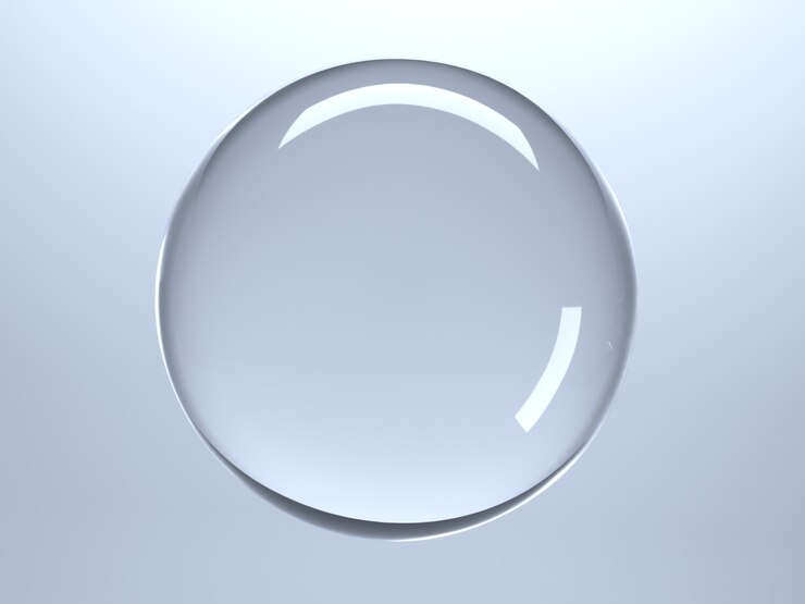 Photo illustration 3d. boule transparente en cristal ou en verre sur fond bleu. contexte