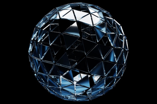 Illustration 3D d'une boule de verre bleue avec de nombreux visages, des cristaux se dispersent sur un fond noir. Sphère de boule de cyber