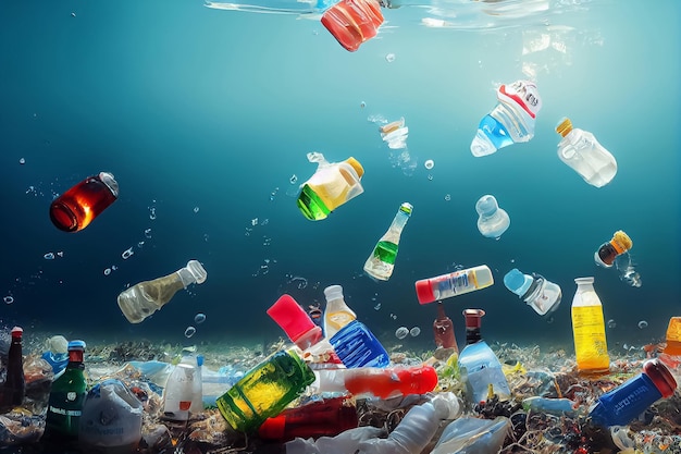 Illustration 3d de bouteilles en plastique flottant dans l'océan du monde corallien contaminé par du plastique