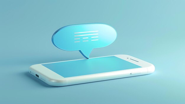 Illustration 3D d'une bulle de discussion flottant au-dessus d'un smartphone La bulle de conversation est bleue et le smartphone est blanc