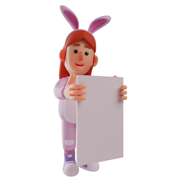 Photo illustration 3d bunny girl personnage de dessin animé tenant un tableau blanc montrant un sourire heureux