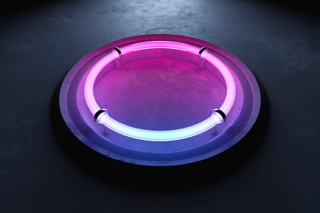 Illustration 3D d'un cadre rond néon rose et bleu sur un rectangle de fond noir pour la conception