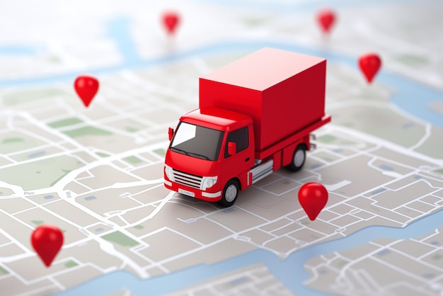 Photo illustration 3d d'un camion de livraison rouge sur la carte avec code pin de localisation