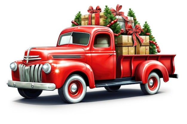 Illustration 3D d'un camion rétro rouge de Noël transportant des décorations de Noël et un sapin du Nouvel An