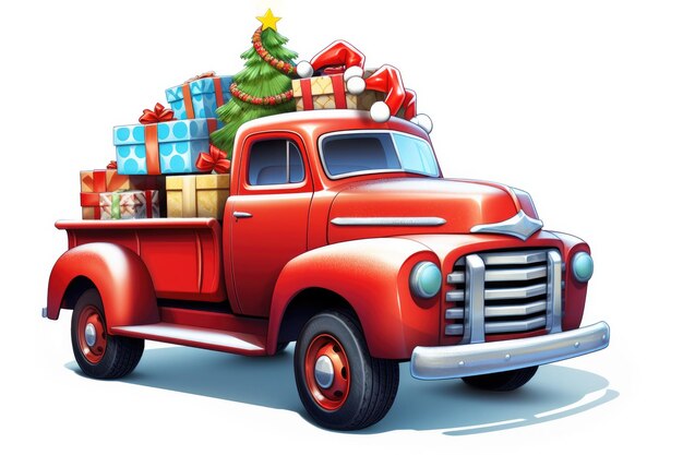 Illustration 3D d'un camion rétro rouge de Noël transportant des décorations de Noël et un sapin du Nouvel An