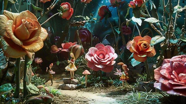Illustration 3D capricieuse d'un jardin magique avec des fleurs surdimensionnées et des gens minuscules