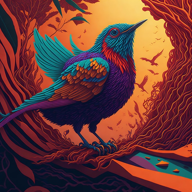 Une illustration 3D captivante mettant en vedette un oiseau coloré perché gracieusement