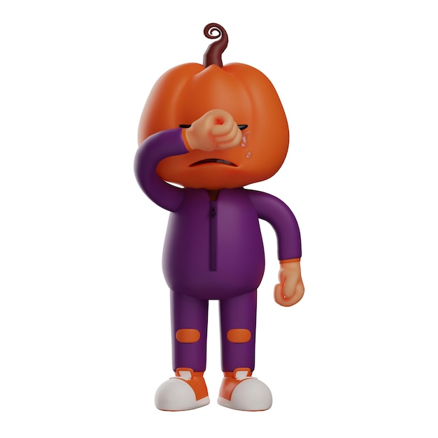 Illustration 3D Caricature de personnage d'épouvantail d'Halloween en 3D avec une pose étrange montrant des expressions faciales tristes