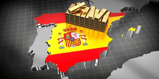 Photo illustration 3d de la carte et du drapeau de l'espagne en lingots d'or