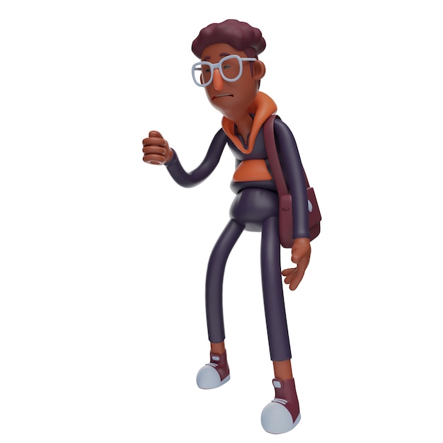Illustration 3D Cartoon Design Étudiant se sent fatigué corps légèrement plié montrant un visage de pitié