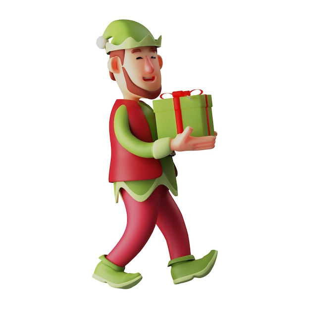 Illustration 3D Cartoon Elf Design a un cadeau spécial pour Noël en marchant tout en montrant